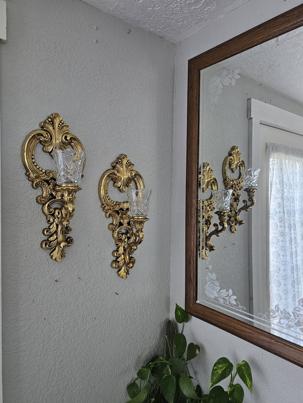 Ornate Gold Wall Sconce Pair with Cut Crystal Shades Holders Scroll Floral